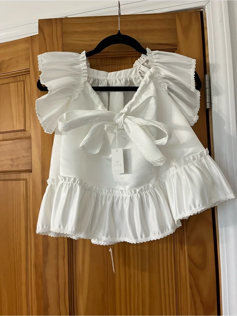 Alessi White Satin Puff-Sleeve Ruffle Hem Girls Dress